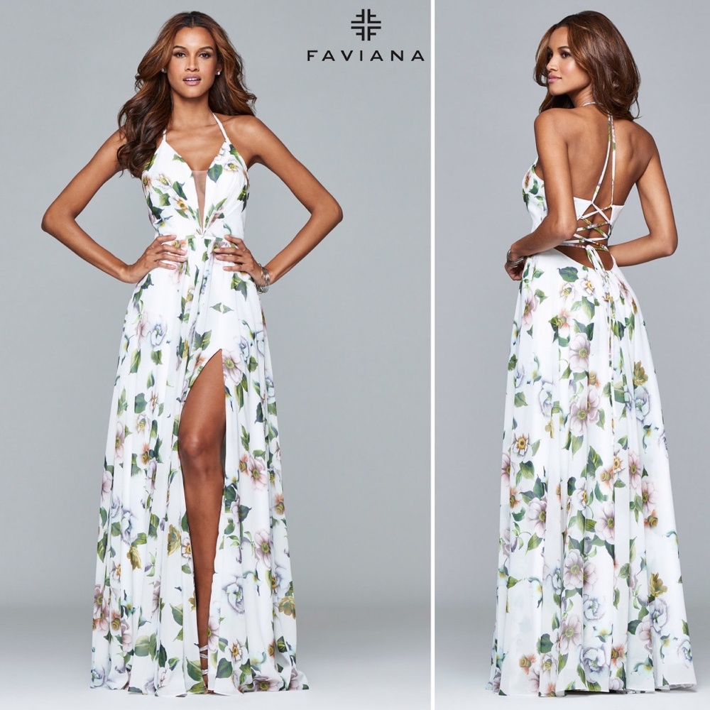 FAVIANA Wedding Guest DRESS - White Floral Plunging V-neck Dress Style 7946